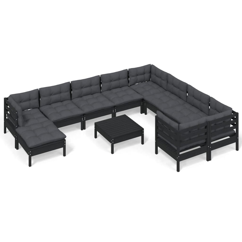 vidaXL 11 Piece Garden Lounge Set with Cushions Black Pinewood