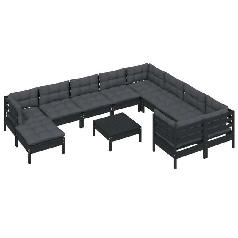 vidaXL 11 Piece Garden Lounge Set with Cushions Black Pinewood