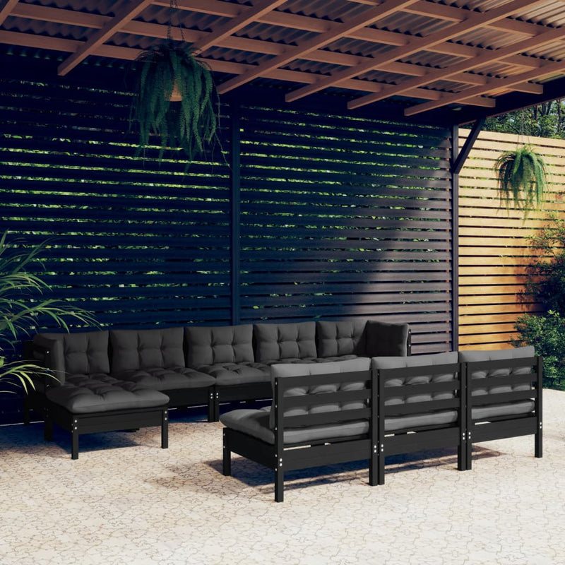 vidaXL 10 Piece Garden Lounge Set with Cushions Black Pinewood