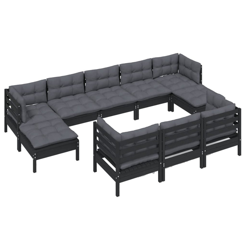 vidaXL 10 Piece Garden Lounge Set with Cushions Black Solid Pinewood