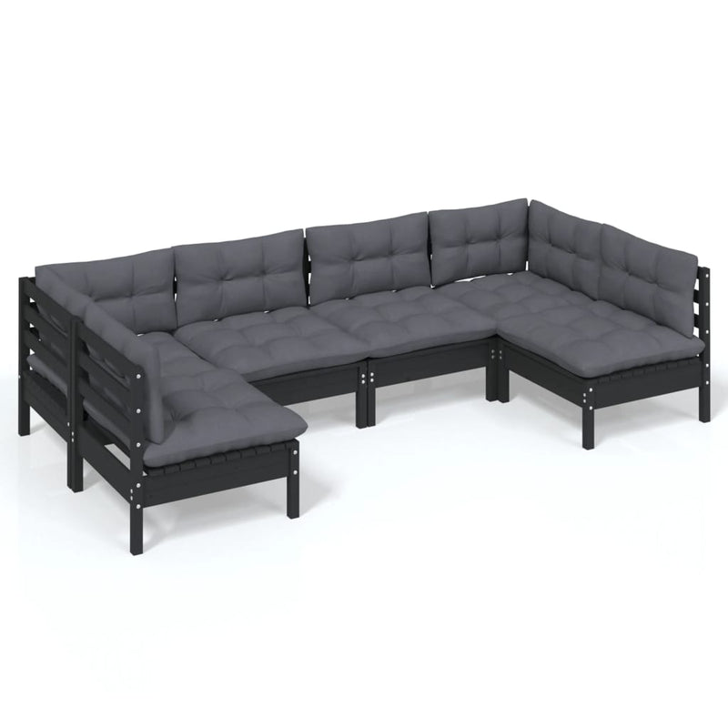 vidaXL 6 Piece Garden Lounge Set with Cushions Black Solid Pinewood