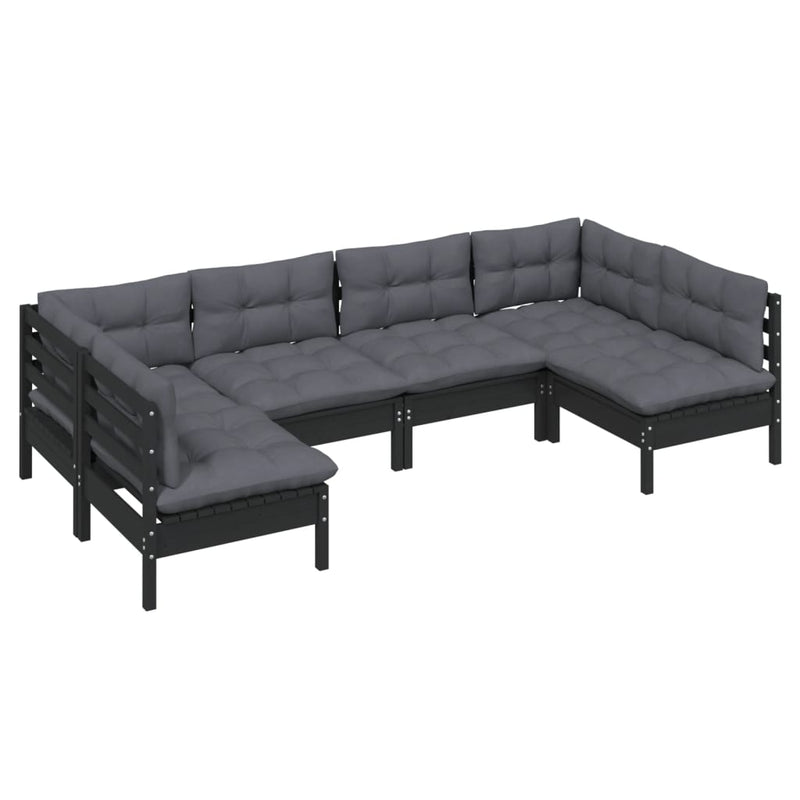vidaXL 6 Piece Garden Lounge Set with Cushions Black Solid Pinewood