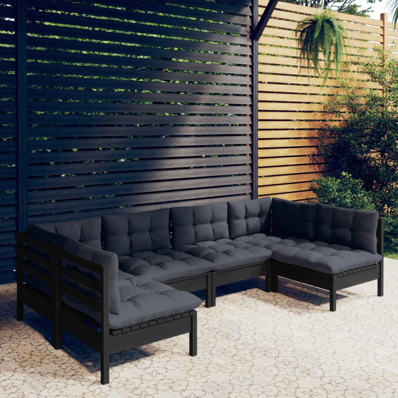 vidaXL 6 Piece Garden Lounge Set with Cushions Black Solid Pinewood