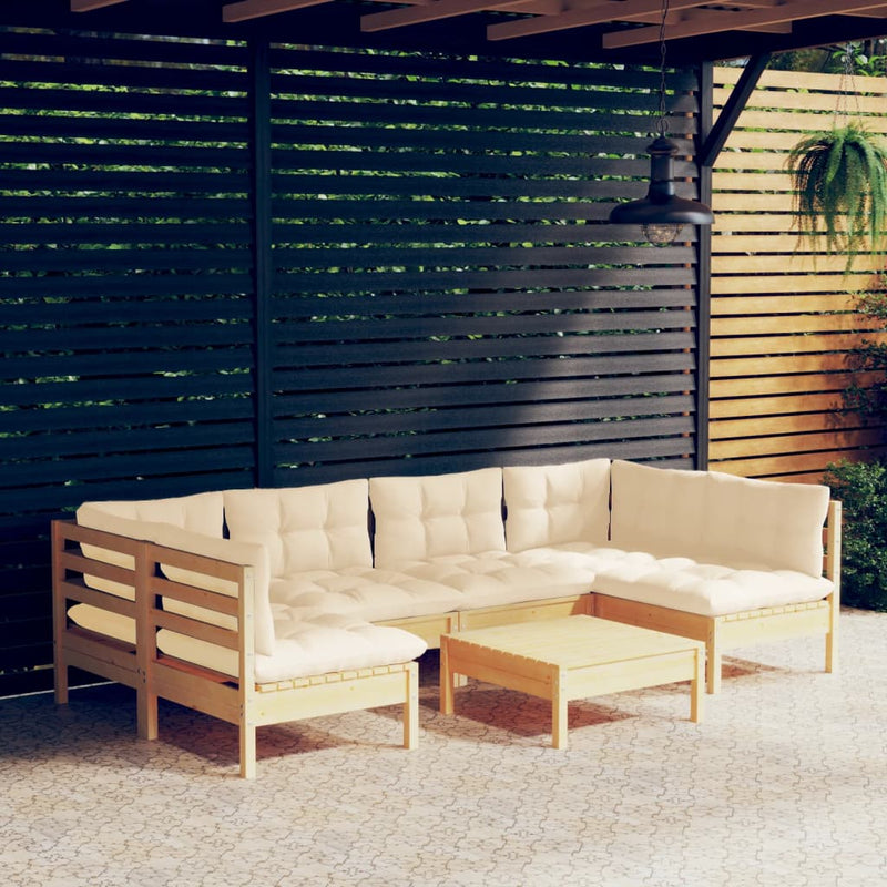 vidaXL 7 Piece Garden Lounge Set with Cream Cushions Solid Pinewood