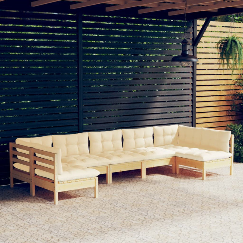 vidaXL 7 Piece Garden Lounge Set with Cream Cushions Solid Pinewood