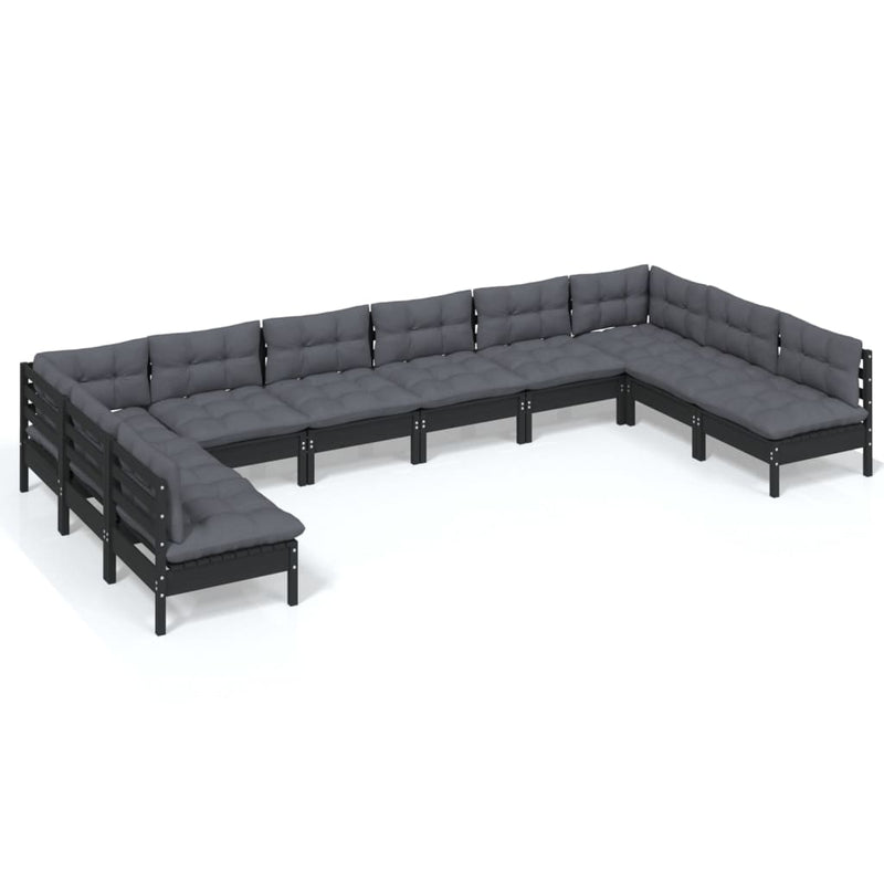 vidaXL 10 Piece Garden Lounge Set with Cushions Black Solid Pinewood