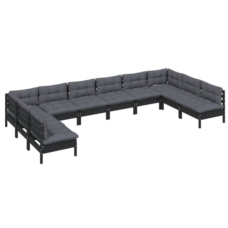 vidaXL 10 Piece Garden Lounge Set with Cushions Black Solid Pinewood