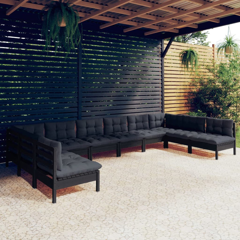 vidaXL 10 Piece Garden Lounge Set with Cushions Black Solid Pinewood