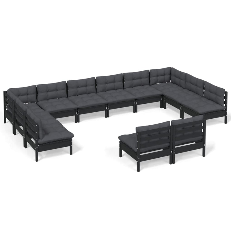 vidaXL 12 Piece Garden Lounge Set with Cushions Black Solid Pinewood