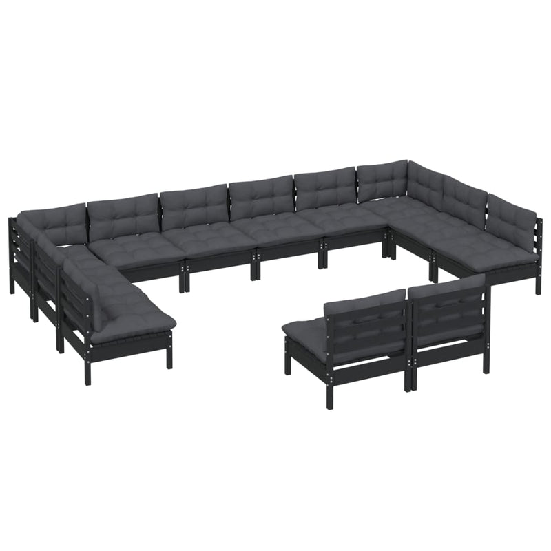 vidaXL 12 Piece Garden Lounge Set with Cushions Black Solid Pinewood