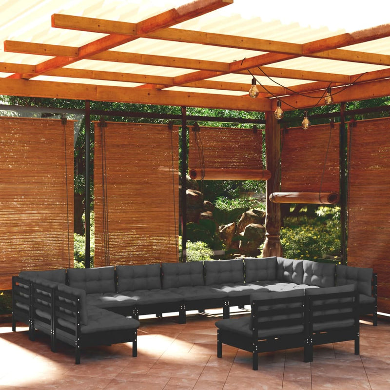 vidaXL 12 Piece Garden Lounge Set with Cushions Black Solid Pinewood