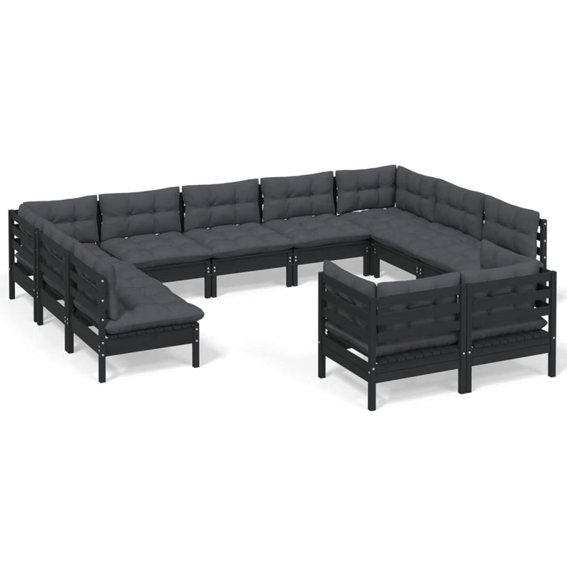 vidaXL 11 Piece Garden Lounge Set with Cushions Black Solid Pinewood