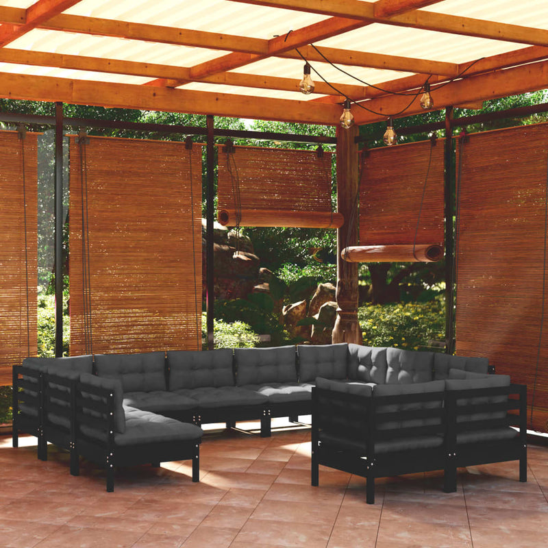 vidaXL 11 Piece Garden Lounge Set with Cushions Black Solid Pinewood