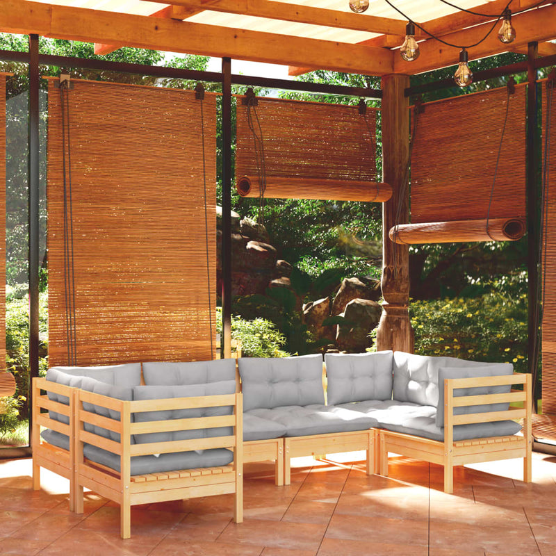vidaXL 6 Piece Garden Lounge Set with Grey Cushions Pinewood
