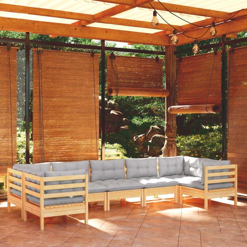 vidaXL 7 Piece Garden Lounge Set with Grey Cushions Pinewood