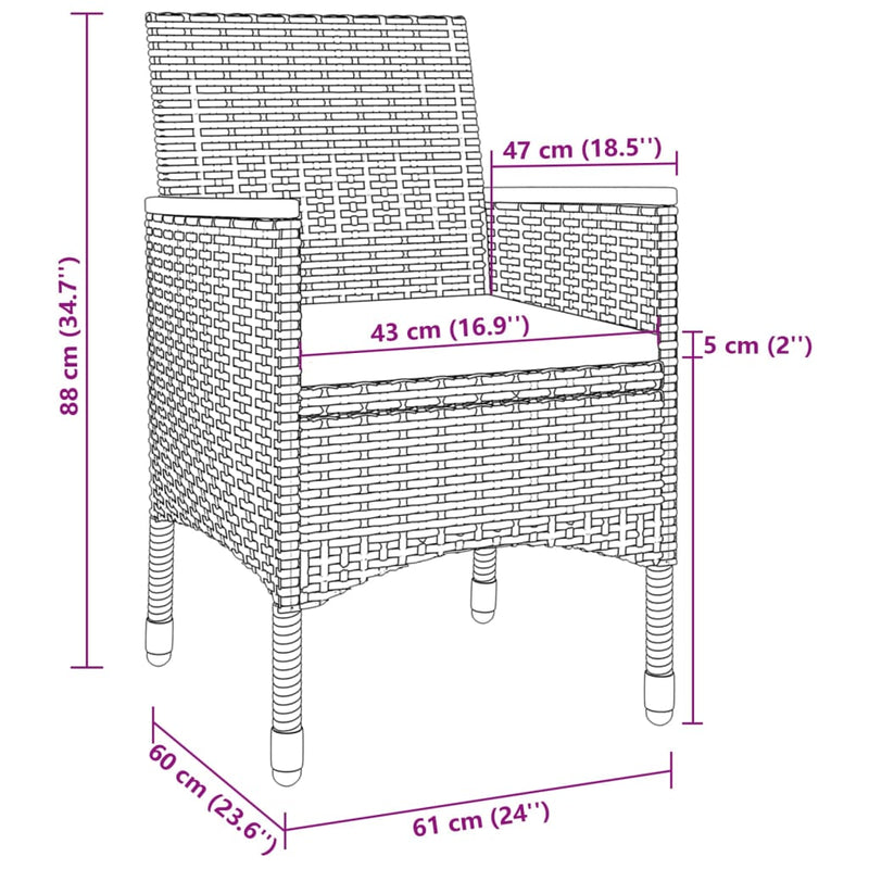 vidaXL 3 Piece Garden Dining Set with Cushions Poly Rattan and Glass
