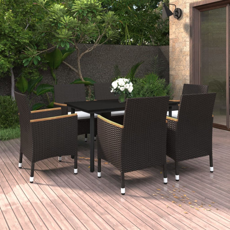 vidaXL 7 Piece Garden Dining Set with Cushions Poly Rattan and Glass