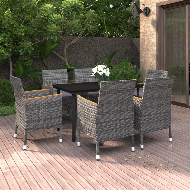 vidaXL 7 Piece Garden Dining Set with Cushions Poly Rattan and Glass