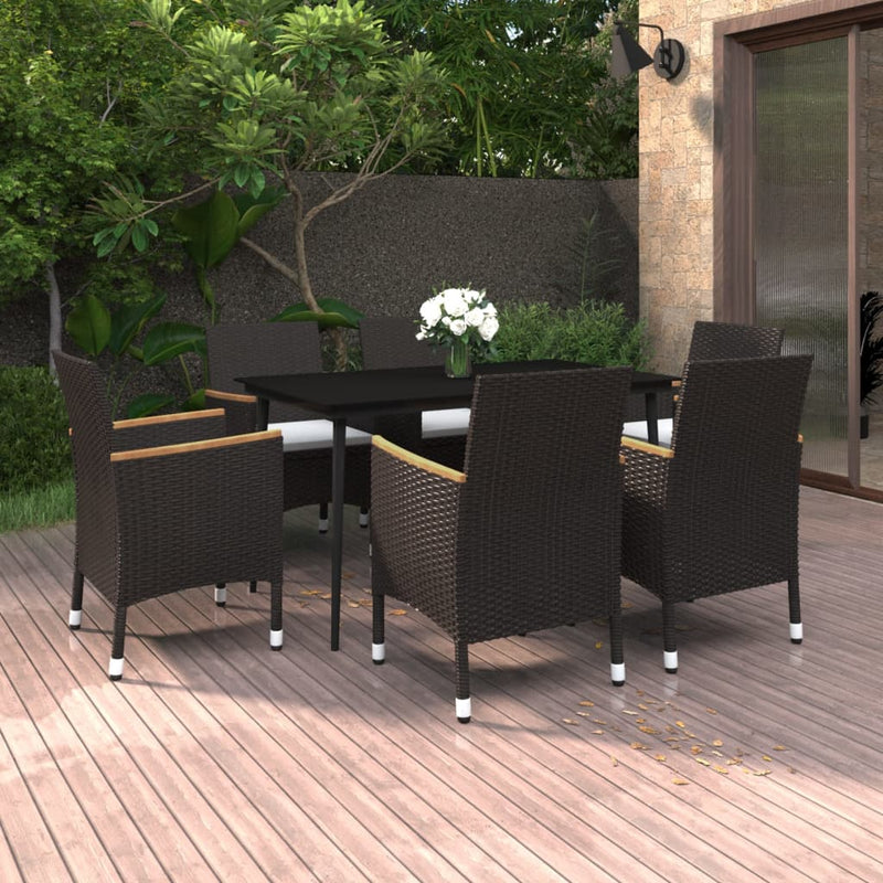 vidaXL 7 Piece Garden Dining Set with Cushions Poly Rattan and Glass