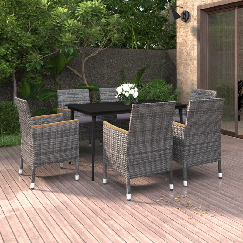 vidaXL 7 Piece Garden Dining Set with Cushions Poly Rattan and Glass