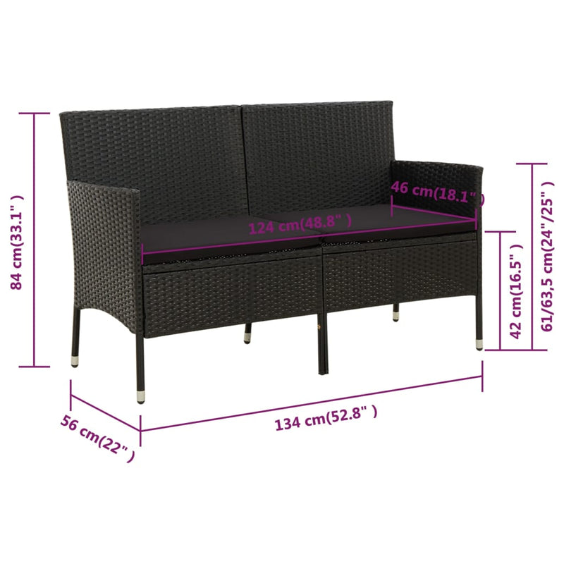 vidaXL 3-Seater Garden Sofa with Cushion Black Poly Rattan