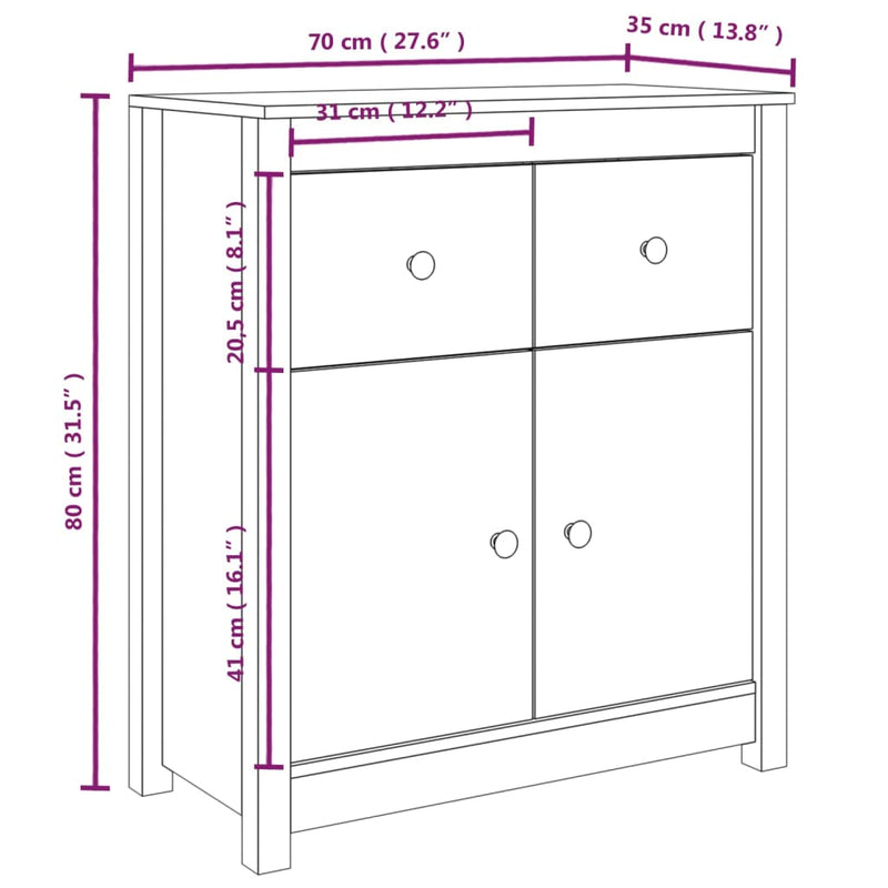 Sideboard White 70x35x80 cm Solid Wood Pine