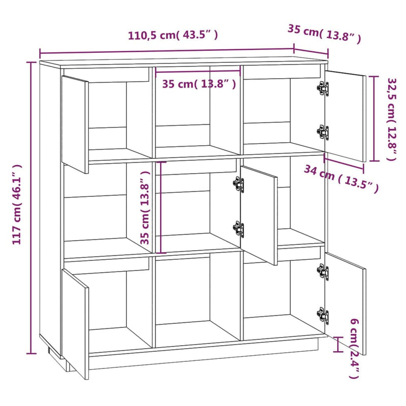 vidaXL Highboard White 110.5x35x117 cm Solid Wood Pine