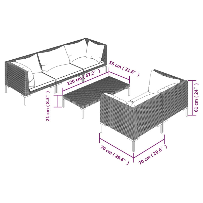 vidaXL 6 Piece Garden Lounge Set with Cushions Poly Rattan Dark Grey