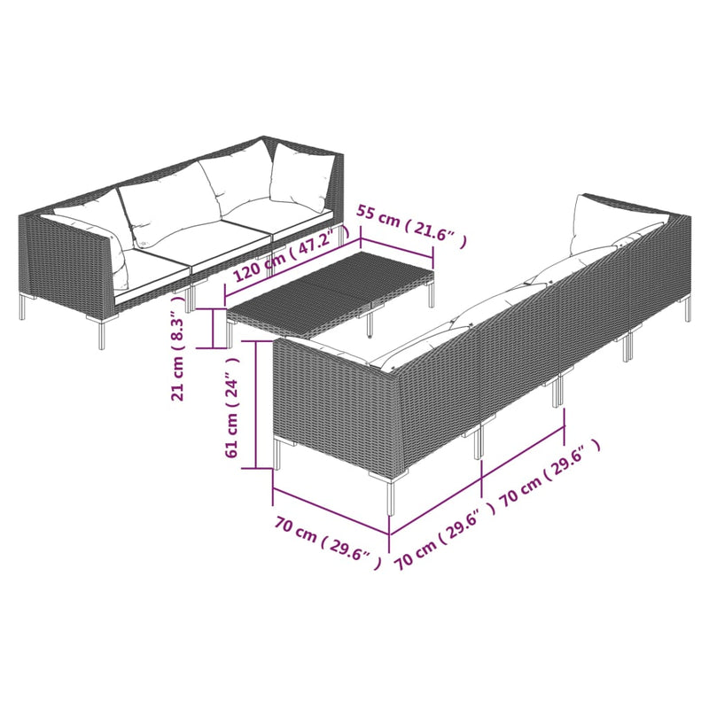 vidaXL 8 Piece Garden Lounge Set with Cushions Poly Rattan Dark Grey