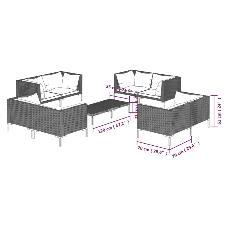 vidaXL 9 Piece Garden Lounge Set with Cushions Poly Rattan Dark Grey
