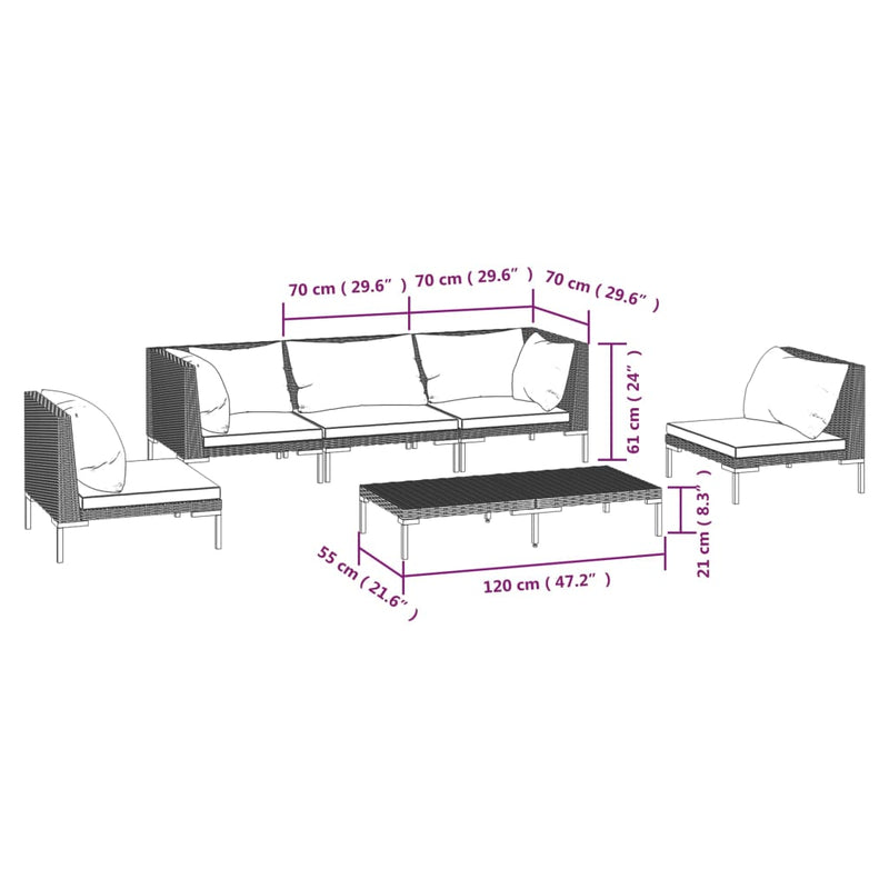 vidaXL 6 Piece Garden Lounge Set with Cushions Poly Rattan Dark Grey