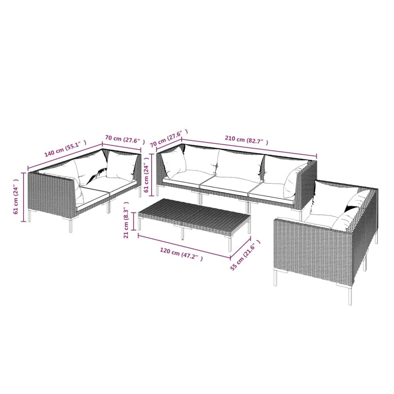 vidaXL 8 Piece Garden Lounge Set with Cushions Poly Rattan Dark Grey