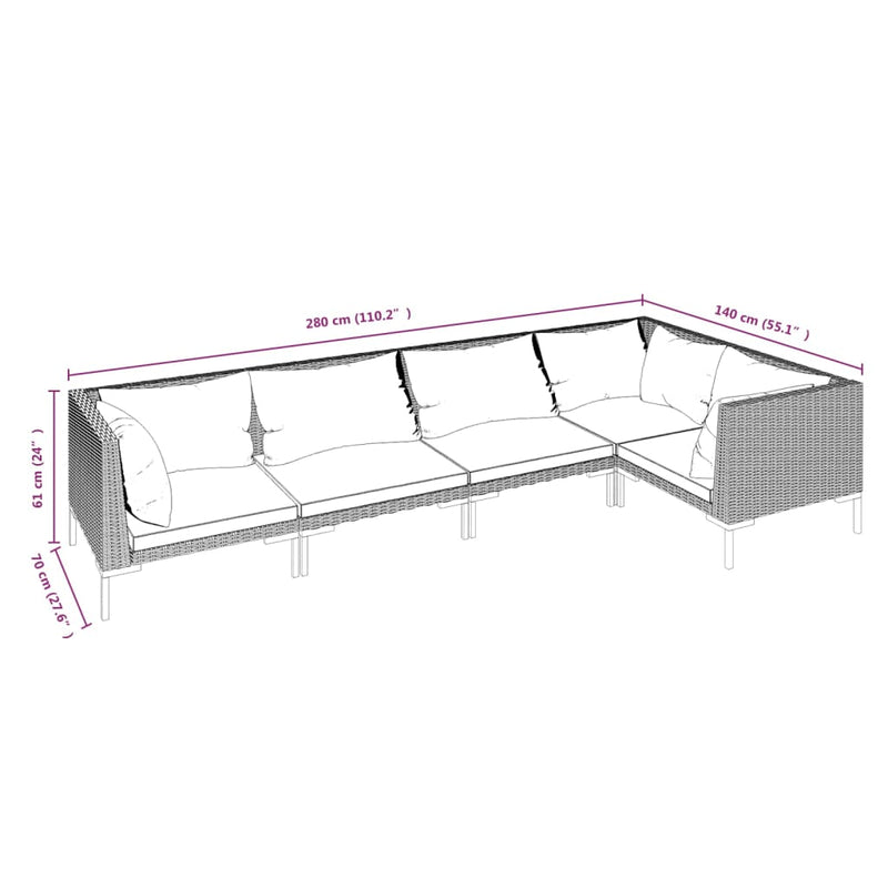 vidaXL 5 Piece Garden Lounge Set with Cushions Poly Rattan Dark Grey