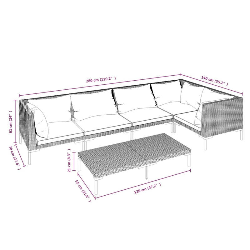 vidaXL 6 Piece Garden Lounge Set with Cushions Poly Rattan Dark Grey