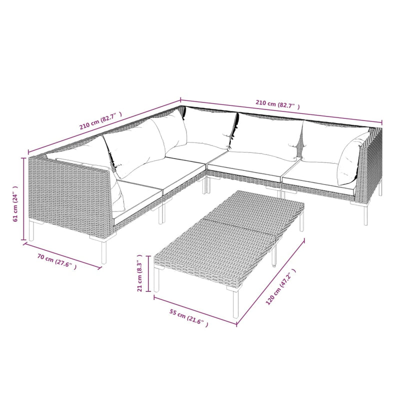 vidaXL 6 Piece Garden Lounge Set with Cushions Poly Rattan Dark Grey