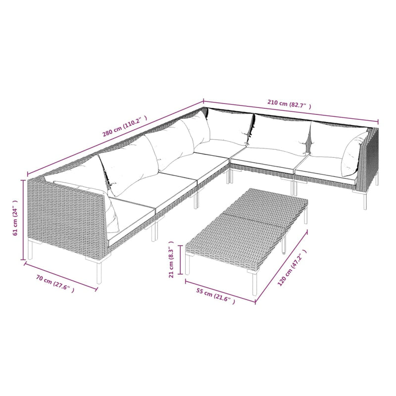 vidaXL 7 Piece Garden Lounge Set with Cushions Poly Rattan Dark Grey