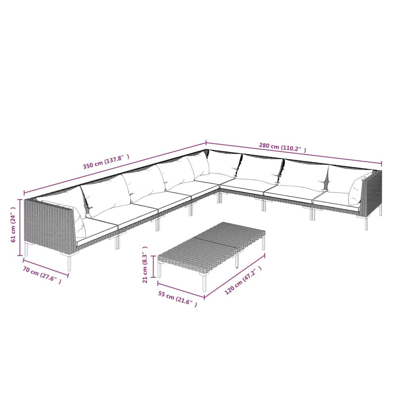vidaXL 9 Piece Garden Lounge Set with Cushions Poly Rattan Dark Grey