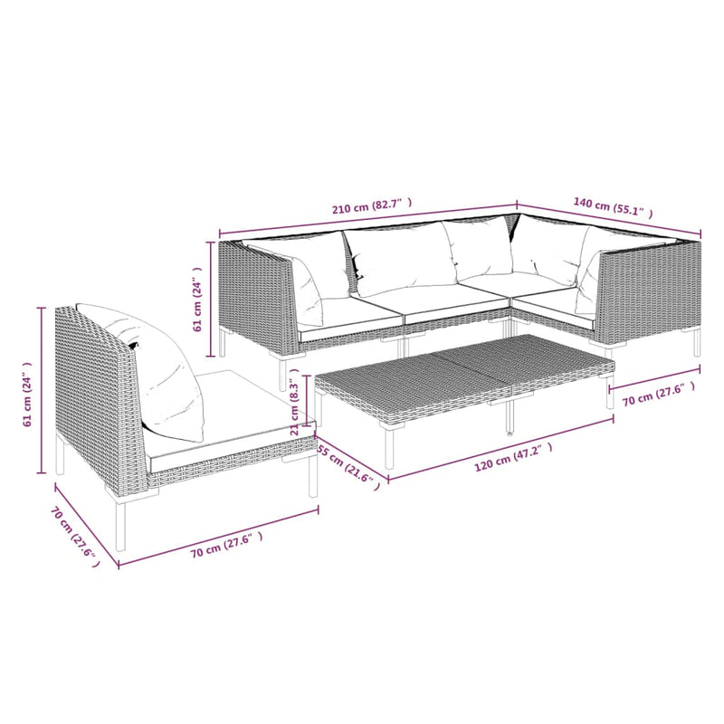 vidaXL 6 Piece Garden Lounge Set with Cushions Poly Rattan Dark Grey