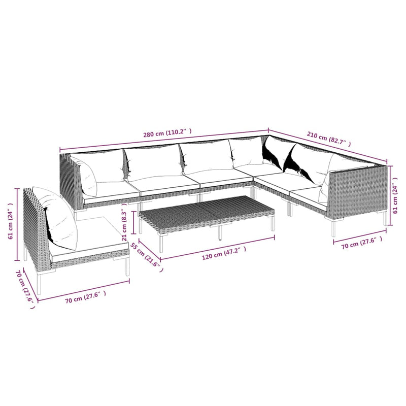 vidaXL 8 Piece Garden Lounge Set with Cushions Poly Rattan Dark Grey