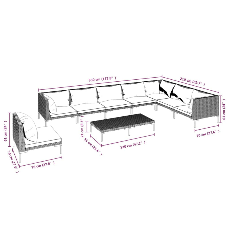 vidaXL 9 Piece Garden Lounge Set with Cushions Poly Rattan Dark Grey