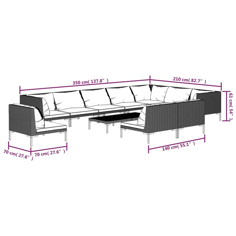 vidaXL 11 Piece Garden Lounge Set with Cushions Poly Rattan Dark Grey