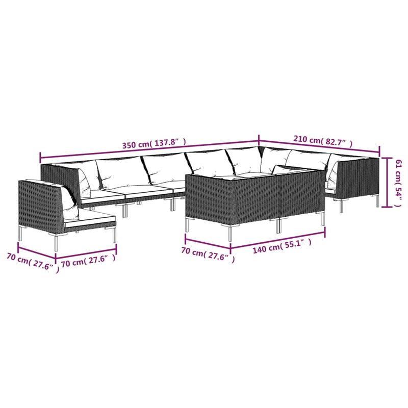 vidaXL 10 Piece Garden Lounge Set with Cushions Poly Rattan Dark Grey