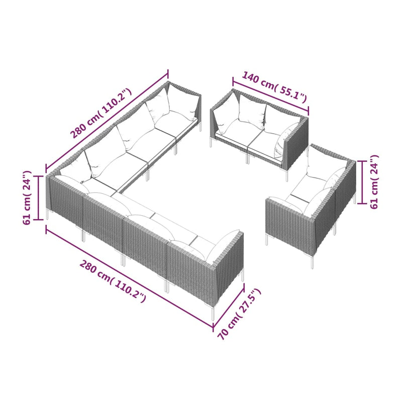 vidaXL 11 Piece Garden Lounge Set with Cushions Poly Rattan Dark Grey