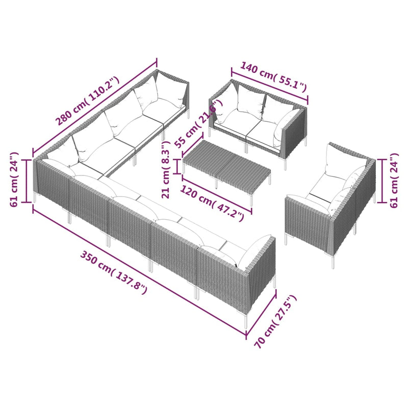 vidaXL 13 Piece Garden Lounge Set with Cushions Poly Rattan Dark Grey