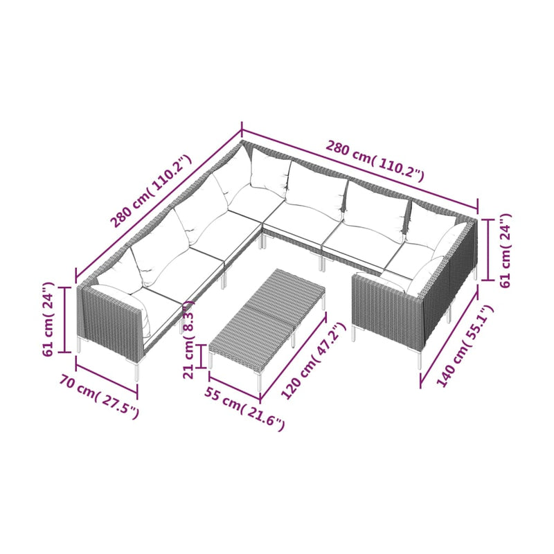 vidaXL 9 Piece Garden Lounge Set with Cushions Poly Rattan Dark Grey