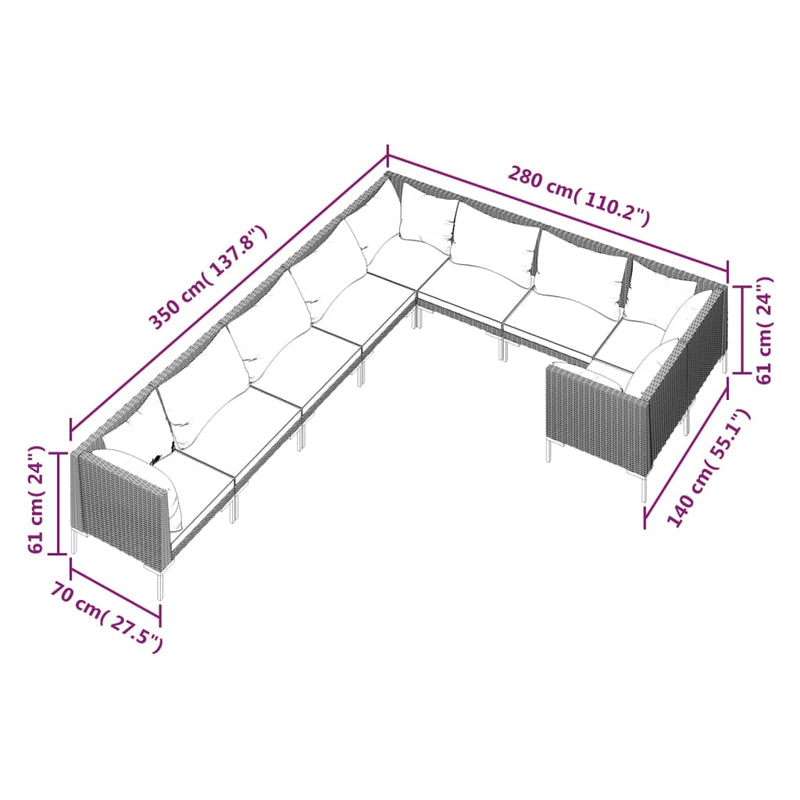 vidaXL 9 Piece Garden Lounge Set with Cushions Poly Rattan Dark Grey