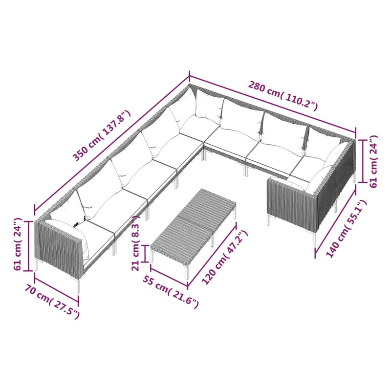 vidaXL 10 Piece Garden Lounge Set with Cushions Poly Rattan Dark Grey