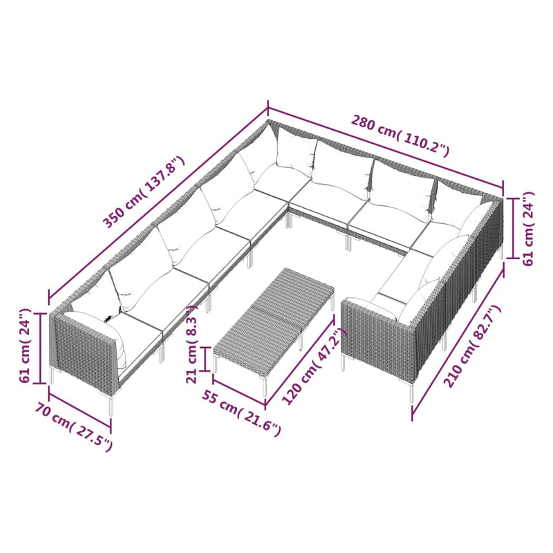 vidaXL 11 Piece Garden Lounge Set with Cushions Poly Rattan Dark Grey