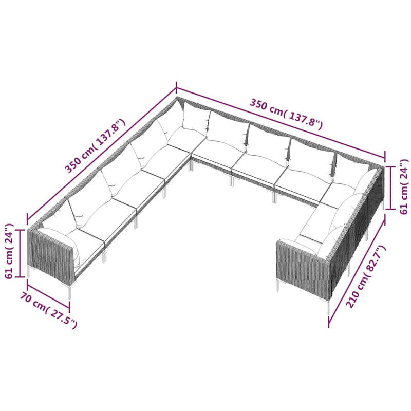 vidaXL 11 Piece Garden Lounge Set with Cushions Poly Rattan Dark Grey