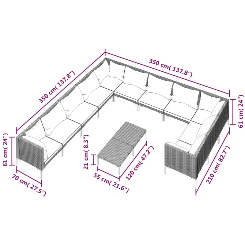 vidaXL 12 Piece Garden Lounge Set with Cushions Poly Rattan Dark Grey